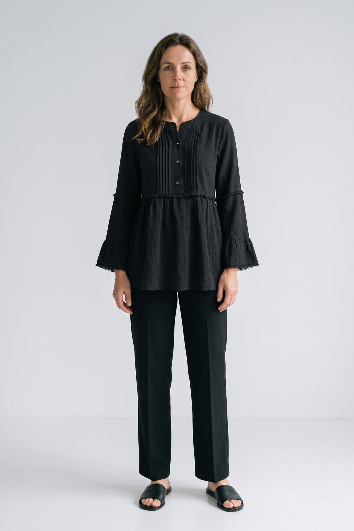 Women's Peplum Blouse | Ruffle Sleeves — Black — front view — on model