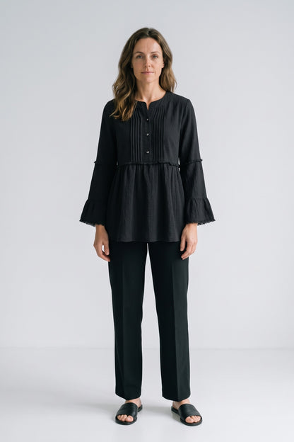 Women's Peplum Blouse | Ruffle Sleeves — Black — front view — on model
