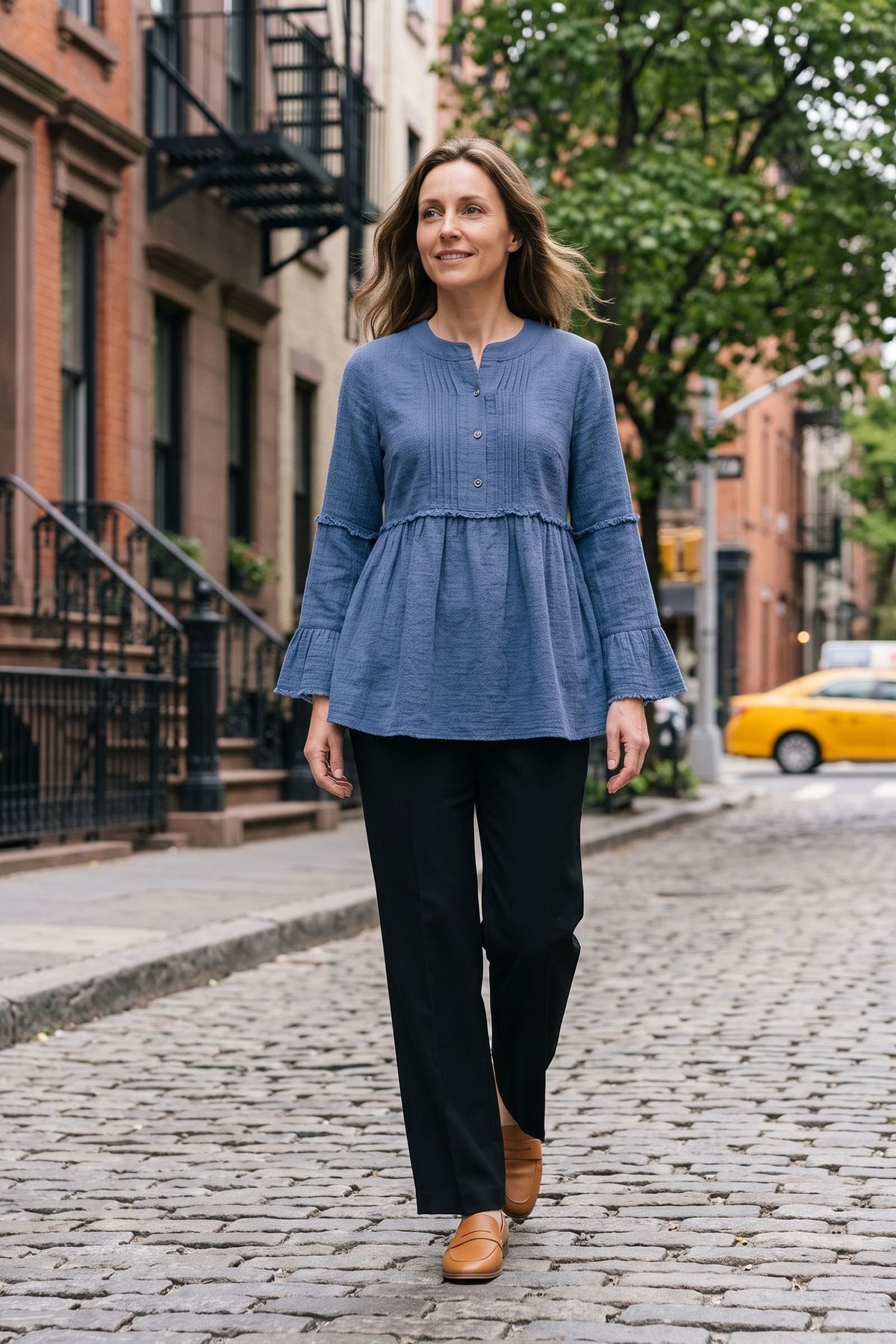 Women's Peplum Blouse | Ruffle Sleeves — Blue — lifestyle — on model
