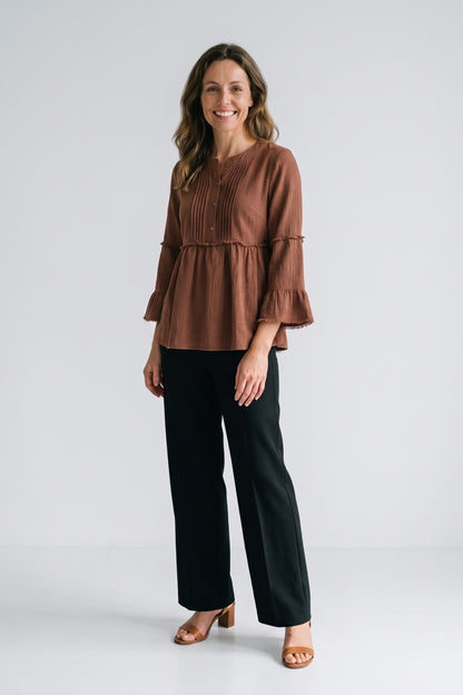 Women's Peplum Blouse | Ruffle Sleeves — Brown — front view — on model