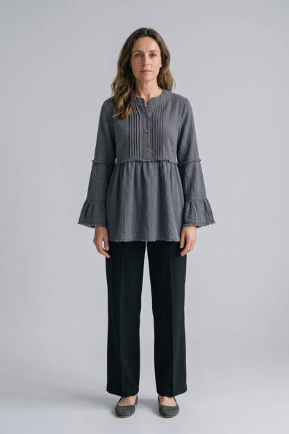 Women's Peplum Blouse | Ruffle Sleeves — Grey — front view — on model
