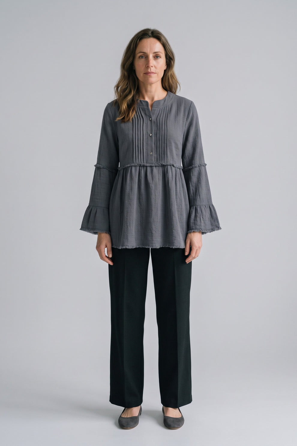 Women's Peplum Blouse | Ruffle Sleeves — Grey — front view — on model