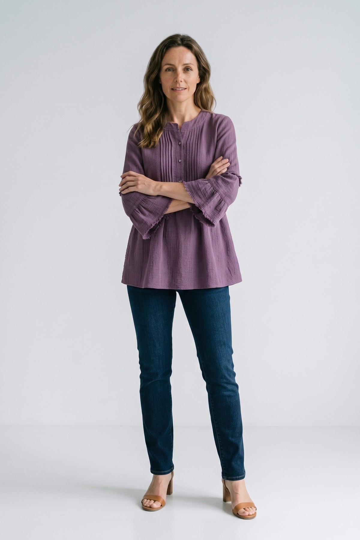 Women's Peplum Blouse | Ruffle Sleeves — Lilac — front view — on model
