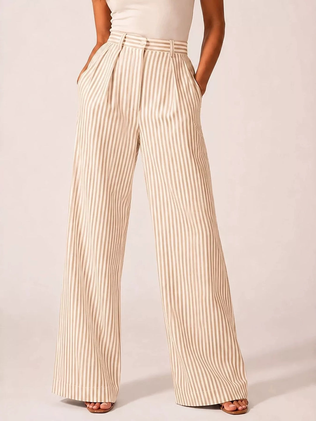 Cream pinstripe high waisted wide leg pants, full length front view