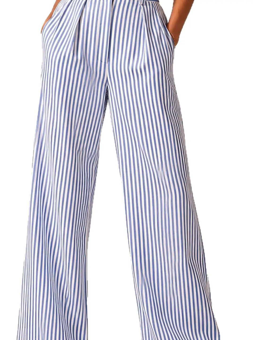Light blue pinstripe high waisted pants, close view of the pleats and pocket