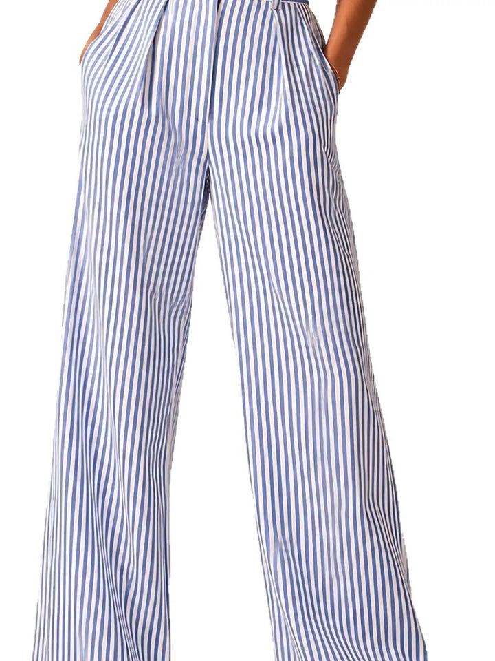 Light blue pinstripe high waisted pants, close view of the pleats and pocket