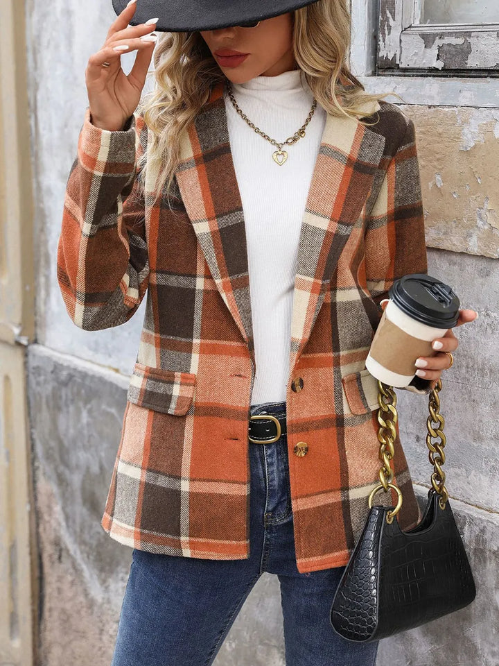 Women's plaid blazer in ochre, notch lapel contrast collar brushed