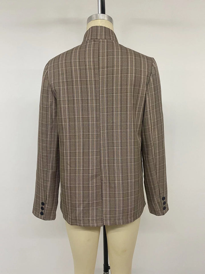 Back view of the mocha plaid blazer on a mannequin with button cuffs