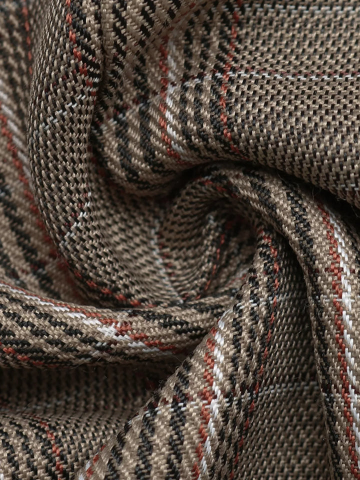 Swirled glen weave plaid fabric in brown with red and cream stripes