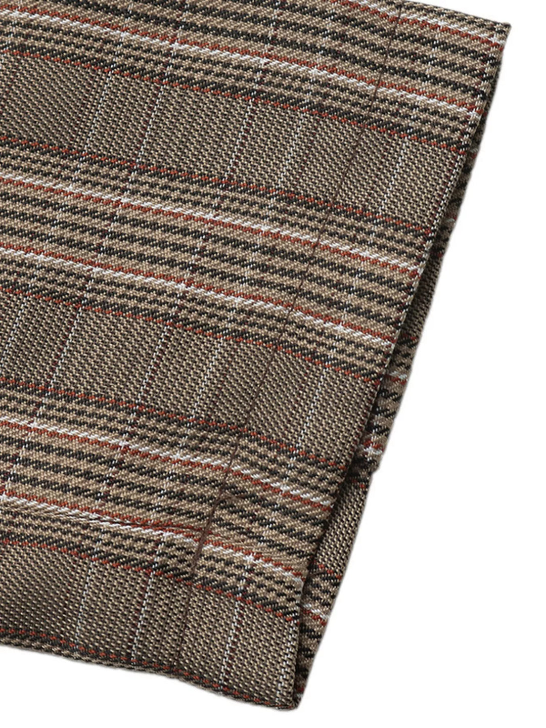 Folded plaid blazer cuff with button details and brown and pink stripes