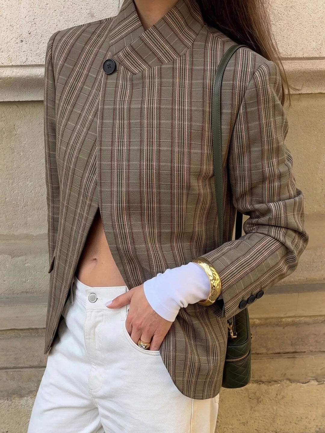 Mocha blazer wrap front and button, close view with white jeans and bracelets