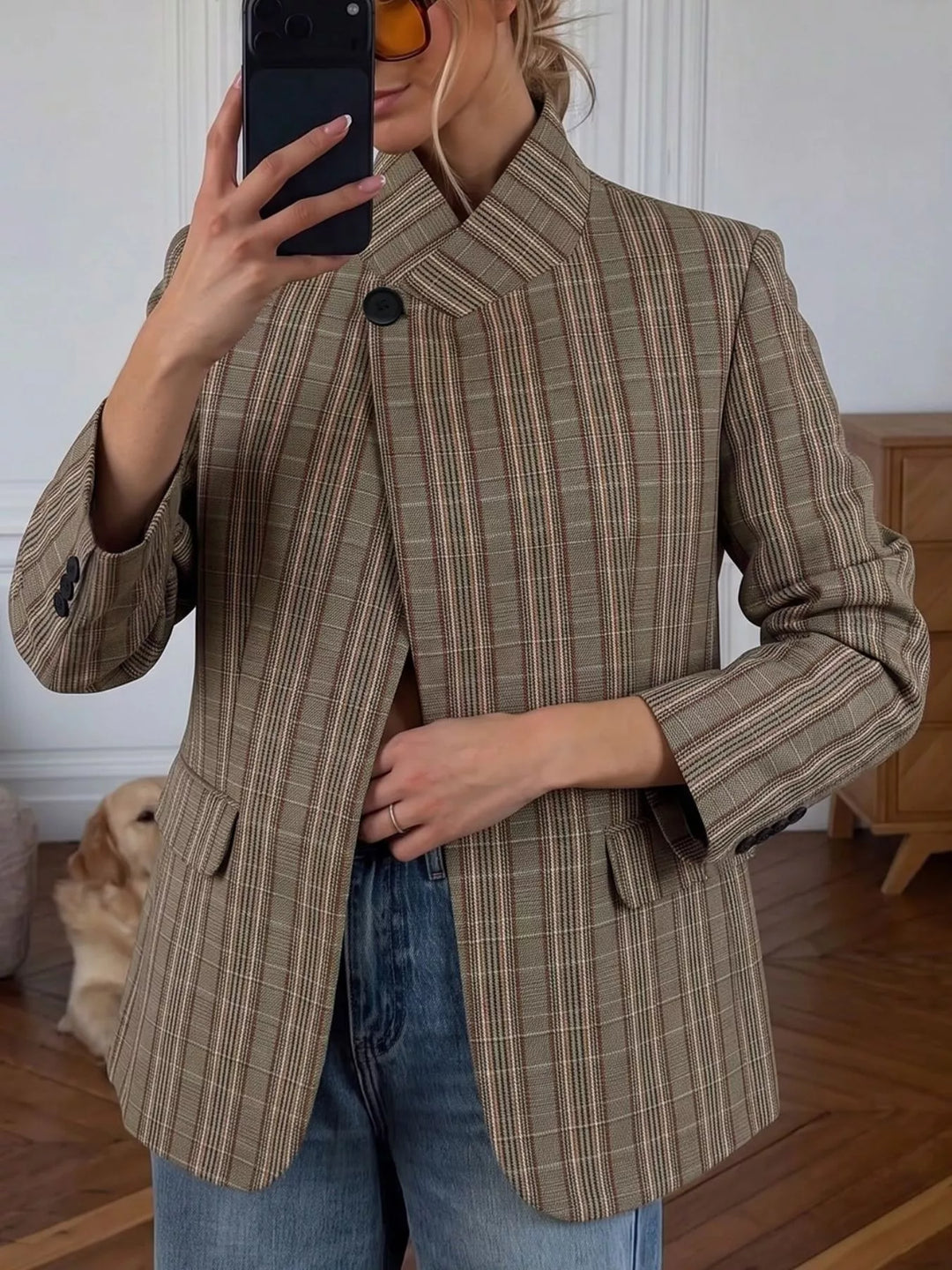 Women's plaid blazer in mocha, single button stand collar glen weave, mirror selfie