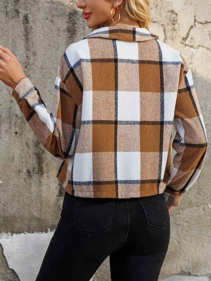 Back view of the cropped caramel plaid jacket with collar