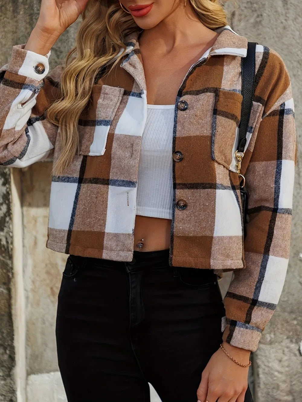 Women's plaid jacket in caramel, cropped with collar, worn over a white top