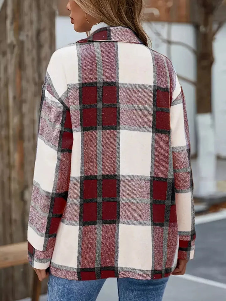 Back view of the burgundy plaid shacket in a bold check