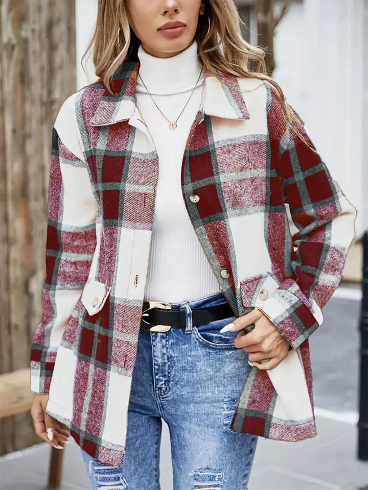 Burgundy plaid shacket with collar and chest pockets, front view with jeans