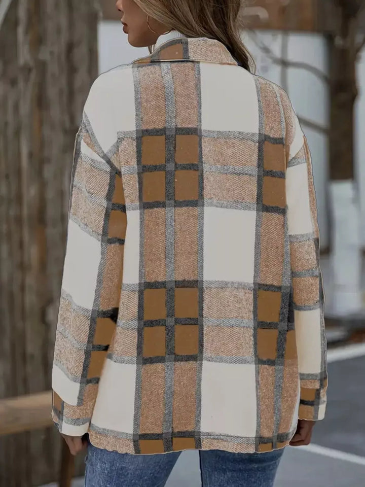 Back view of the camel plaid shacket with a brown and cream check