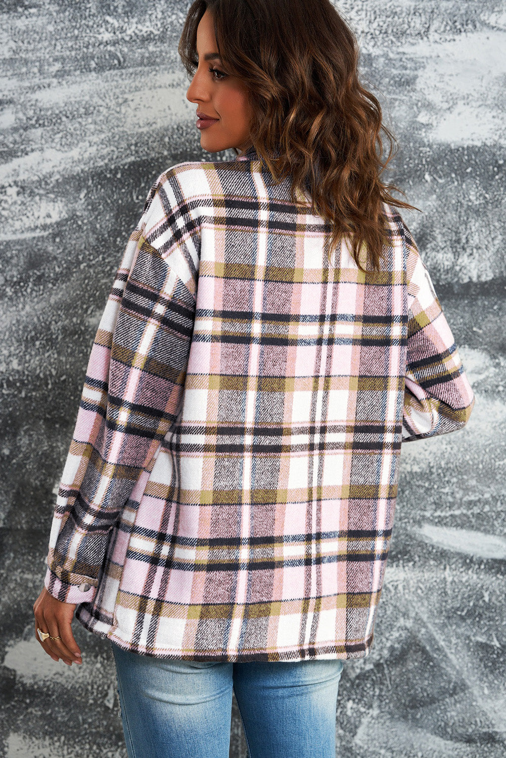 Oversized button front chest pockets in pink, back view
