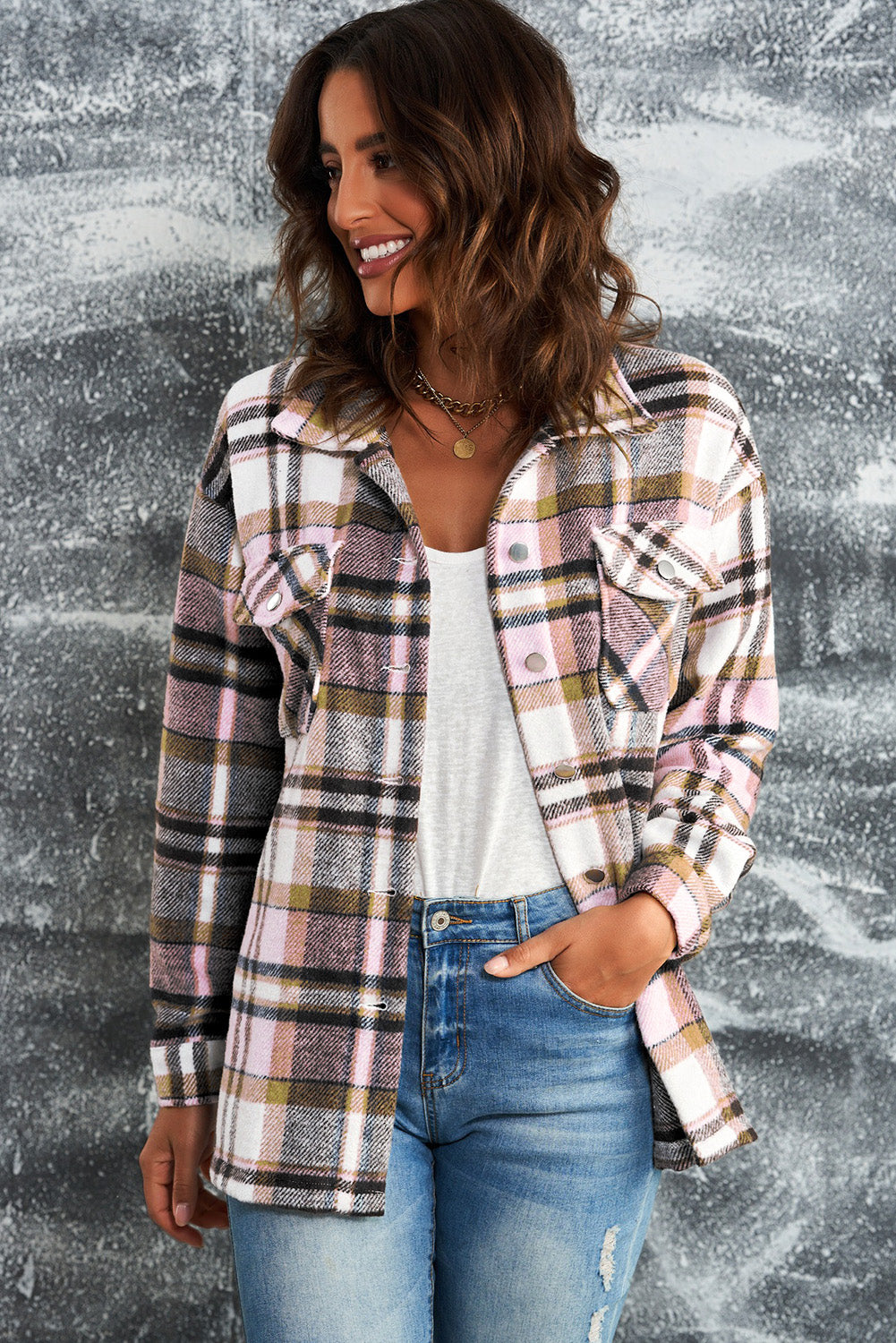 Oversized button front chest pockets in pink, front view 2