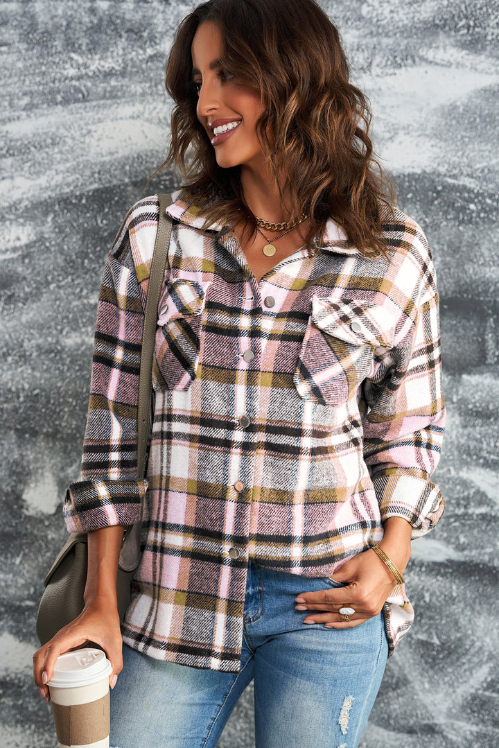 Oversized button front chest pockets in pink, styled on model 4