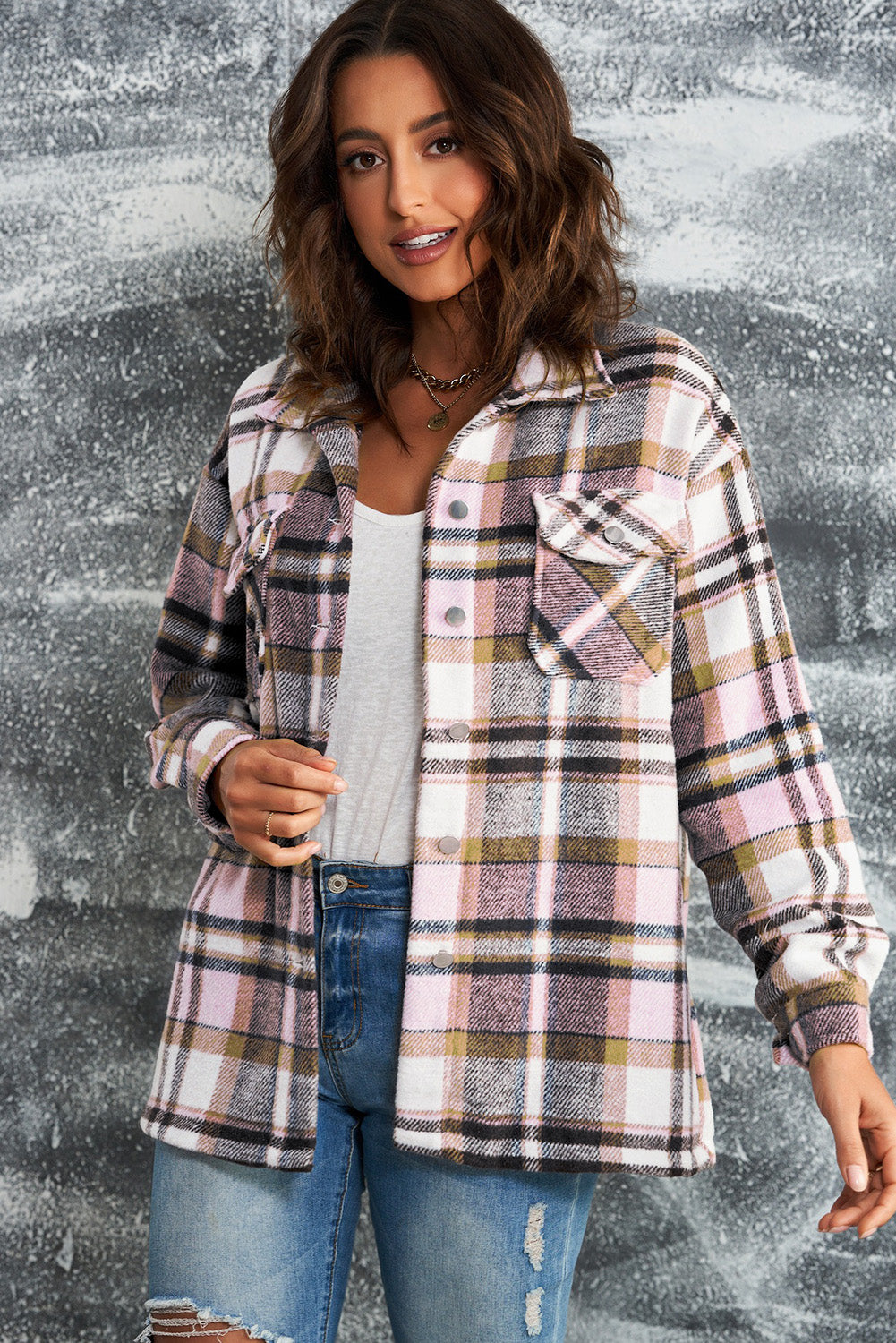 Oversized button front chest pockets in pink, styled on model 5