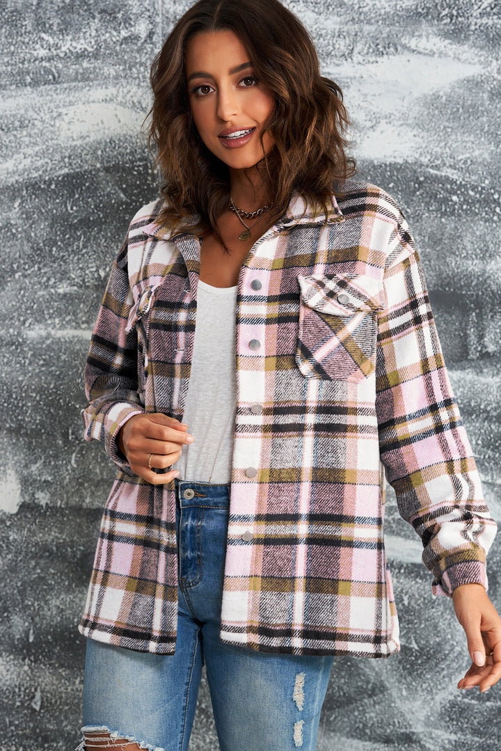 Oversized button front chest pockets in pink, styled on model 5