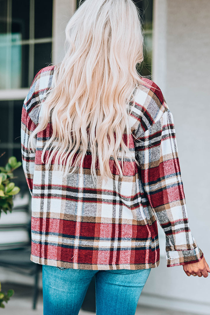 Oversized button front chest pockets in red, back view