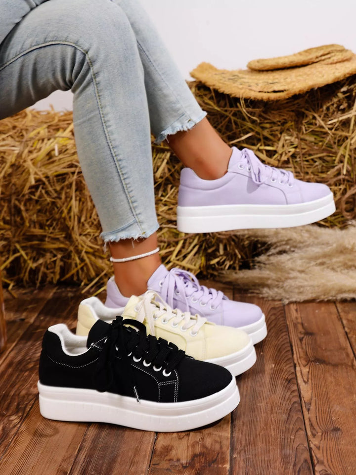 Women's platform sneakers in lilac, cream and black, chunky sole low top lace up on straw