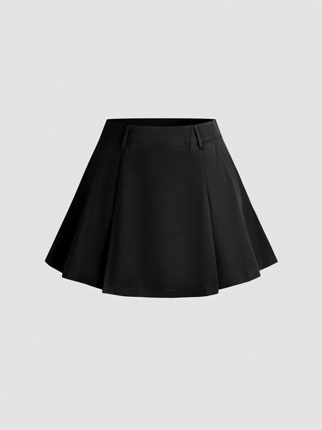 Black box pleated mini skirt, smaller front view on light gray backdrop
