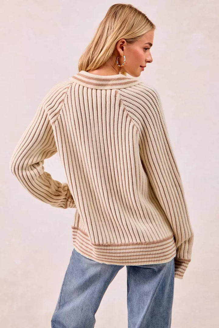 Back view of cream latte ribbed polo sweater with striped hem
