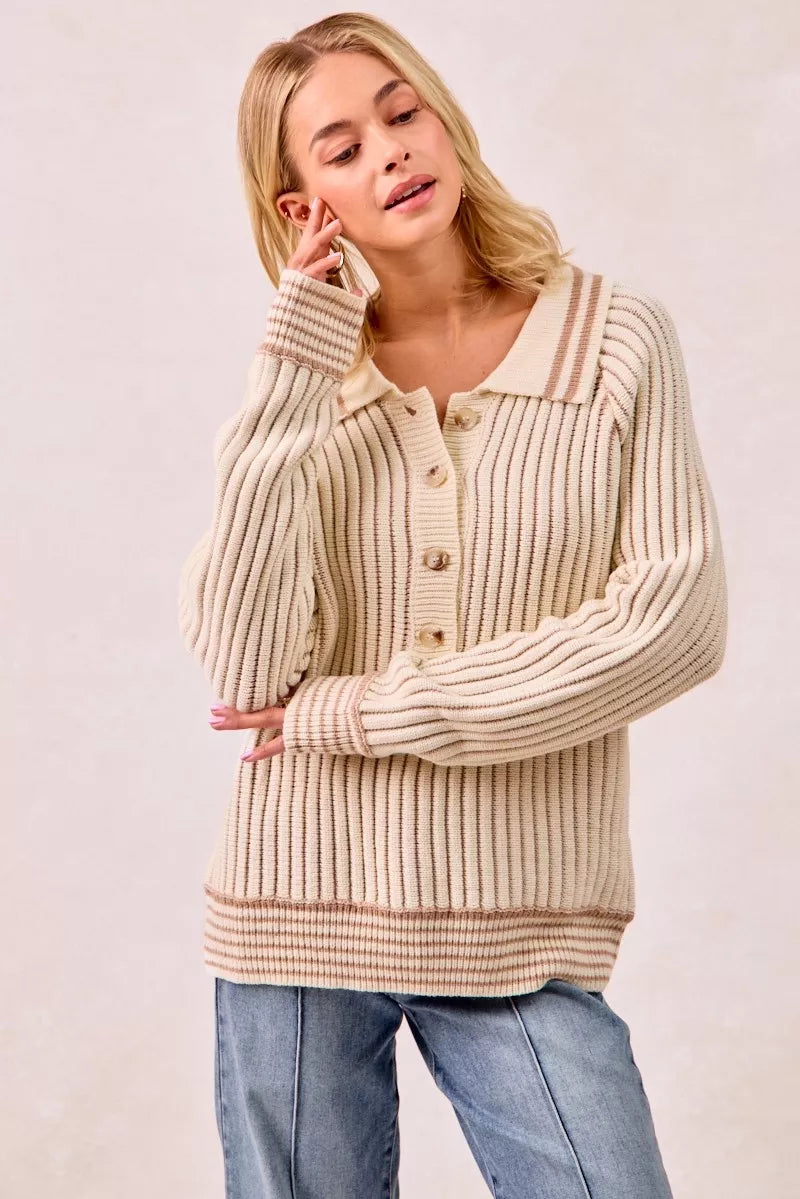 Cream polo sweater ribbed texture and latte hem stripe, hand at the sleeve