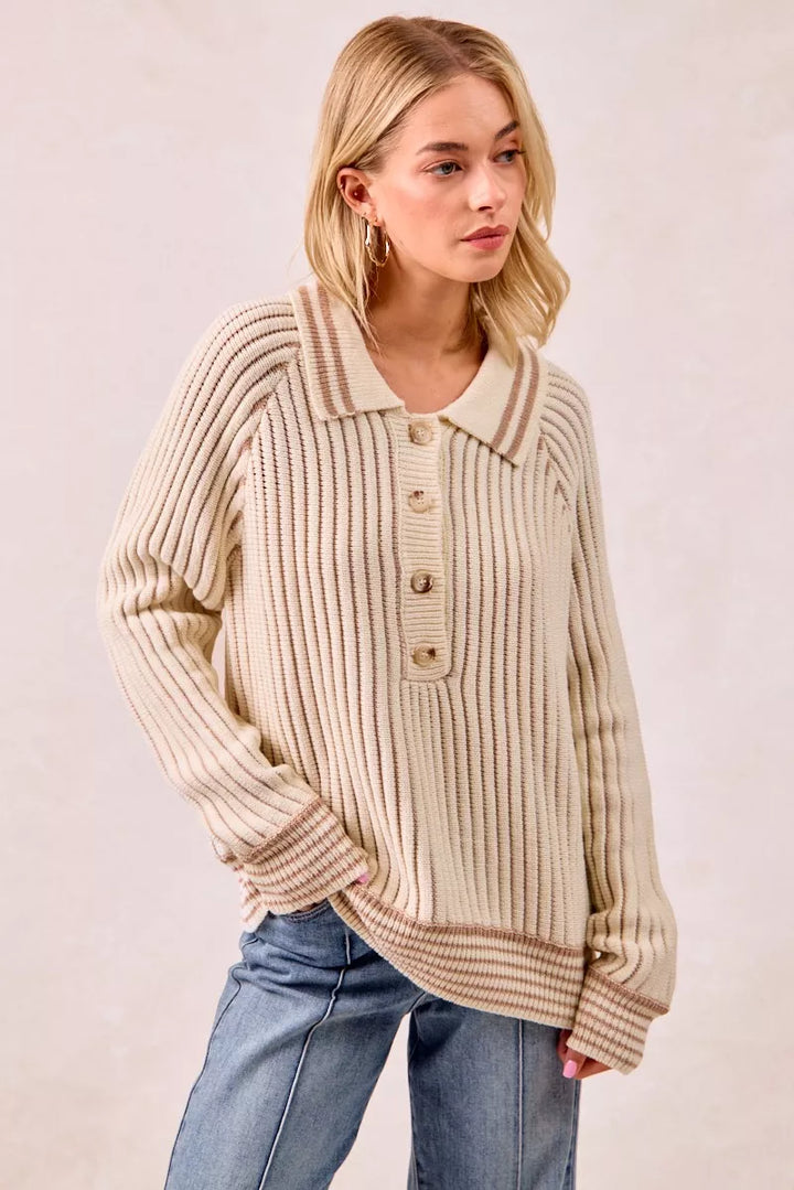 Ribbed knit polo sweater in cream with latte striped hem, front pose