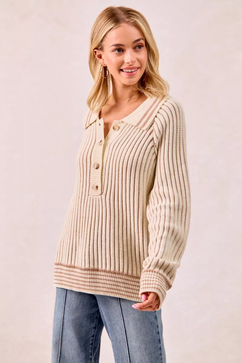 Cream polo sweater front view with open collar and striped bottom band