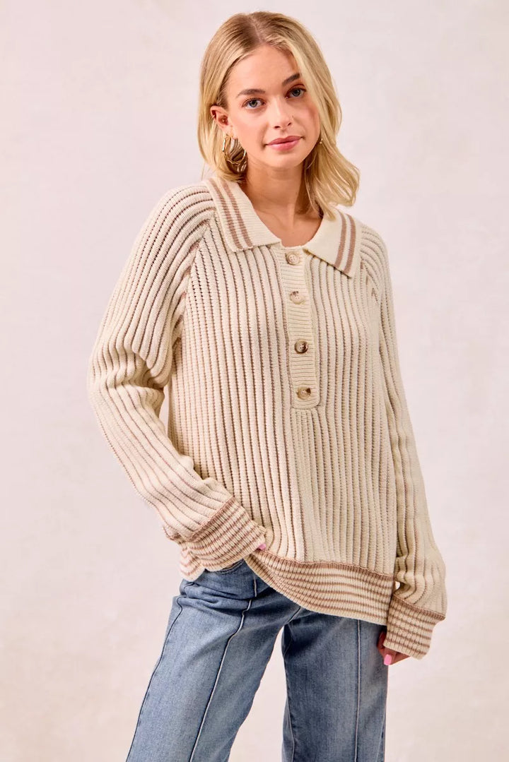 Women's polo sweater in cream and latte, ribbed knit half button with striped hem