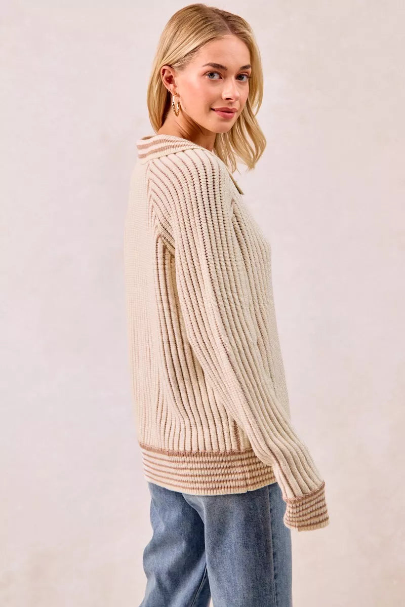 Side profile of cream ribbed polo sweater with raglan sleeve