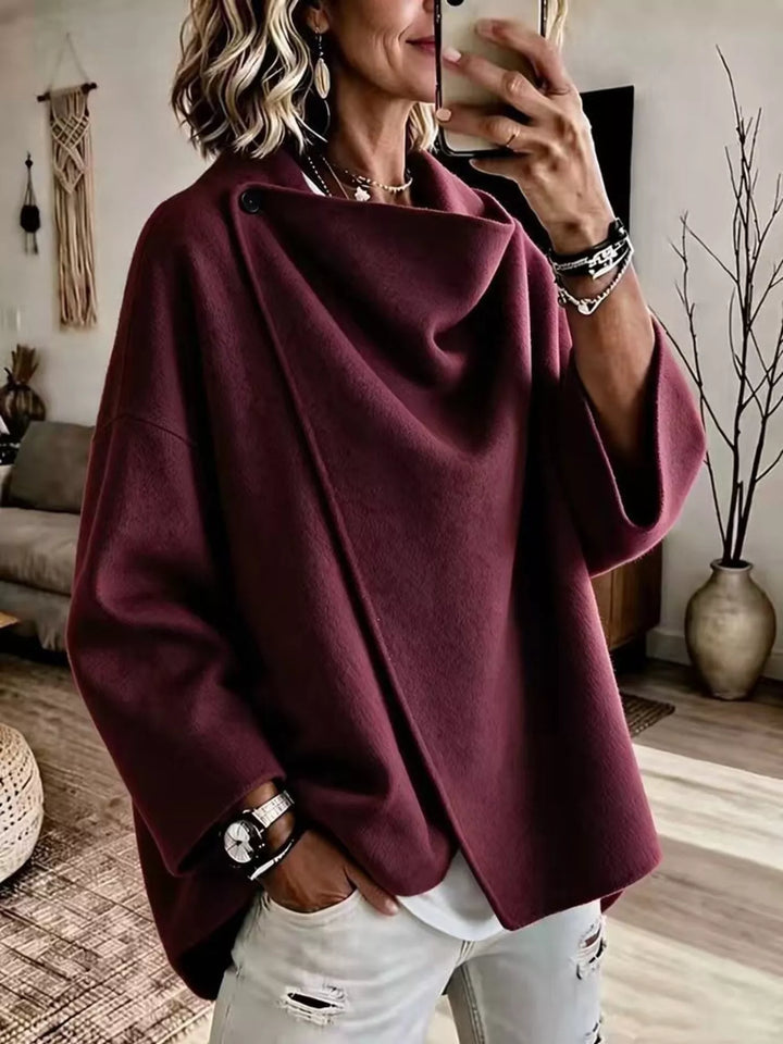 Women's poncho sweater in burgundy, asymmetric cowl neck draped plus size