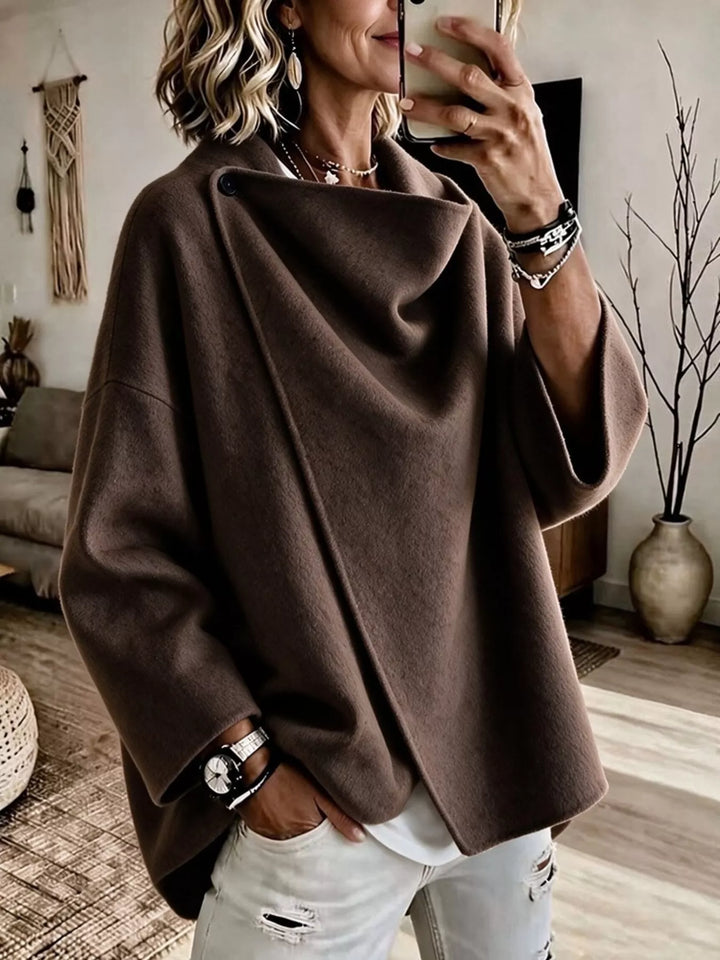 Asymmetric cowl neck draped plus size in coffee brown, front view