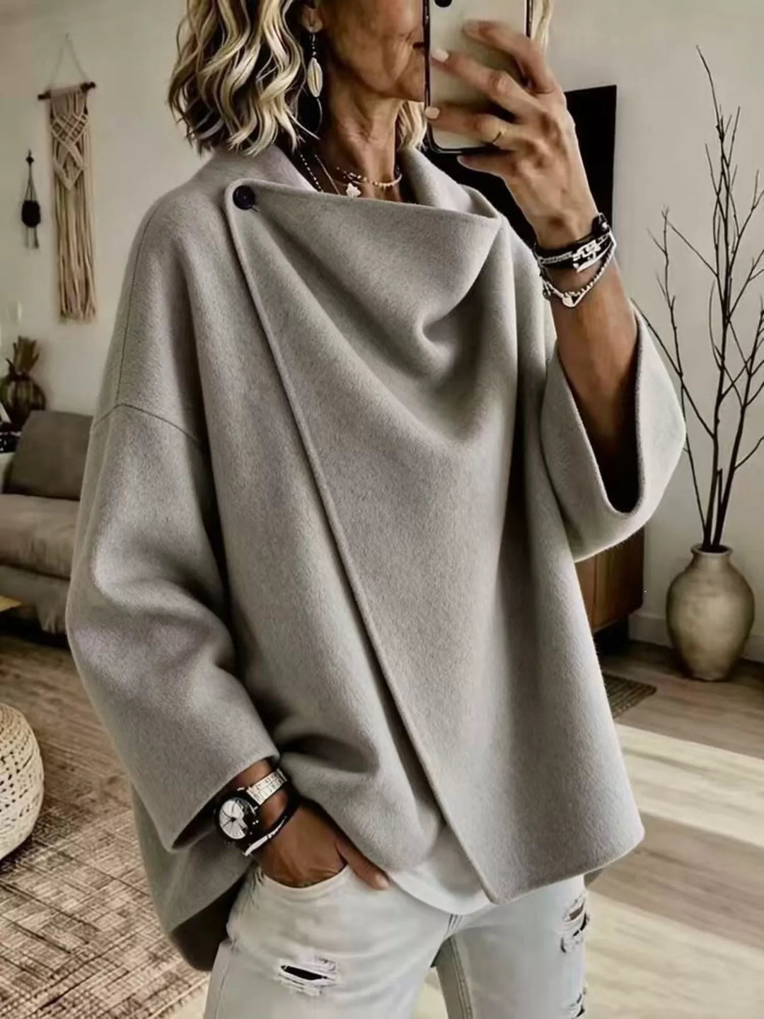 Asymmetric cowl neck draped plus size in gray, front view