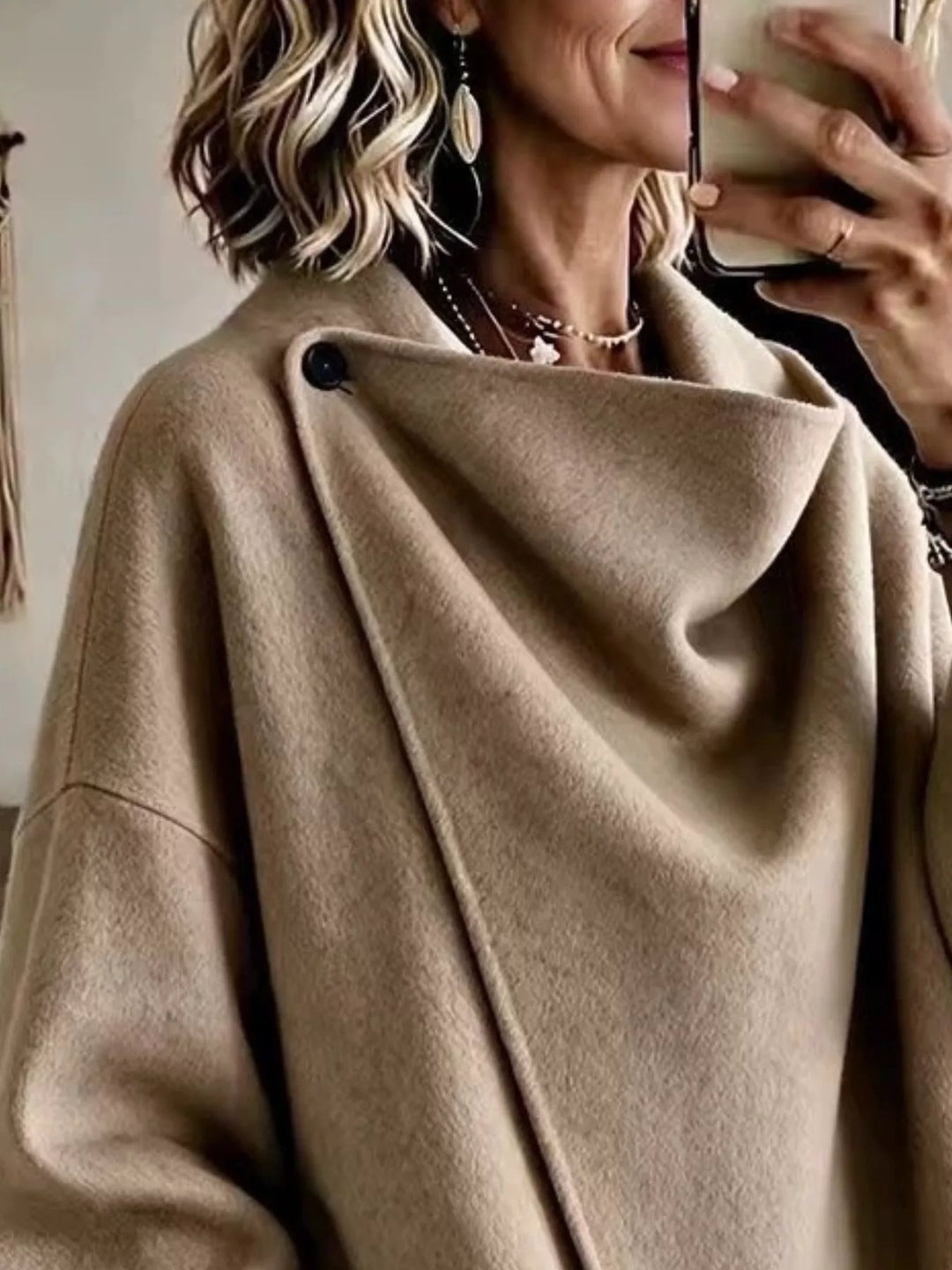 Asymmetric cowl neck draped plus size in khaki, close-up detail