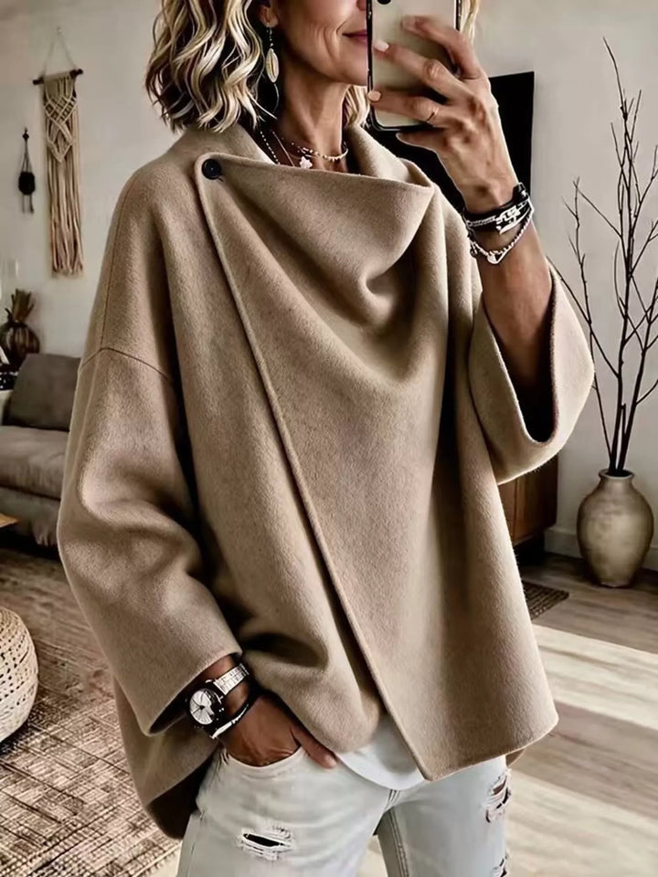 Asymmetric cowl neck draped plus size in khaki, front view