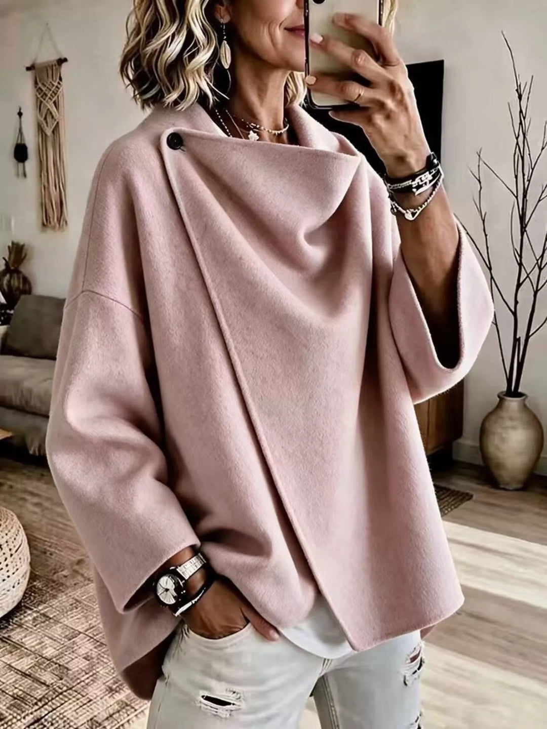 Asymmetric cowl neck draped plus size in pink, front view