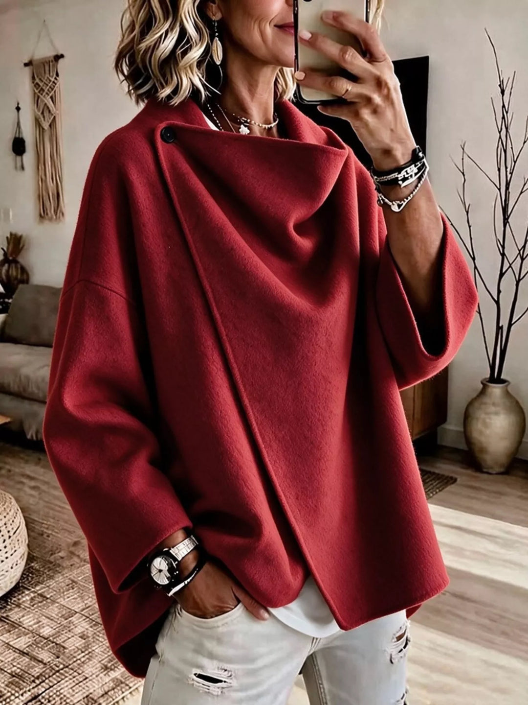 Asymmetric cowl neck draped plus size in red, front view