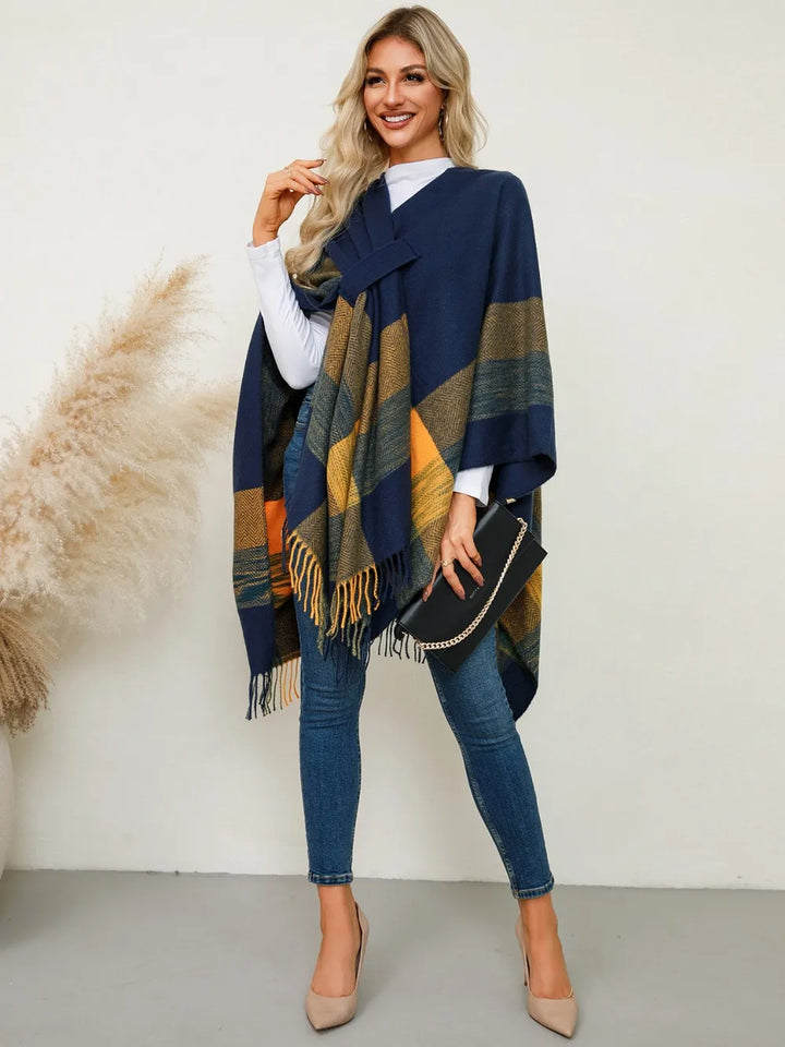 Plaid fringe hem open front in navy, front view 2