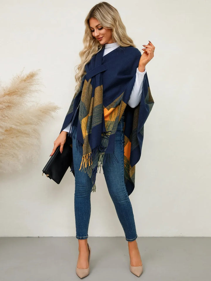 Plaid fringe hem open front in navy, styled on model