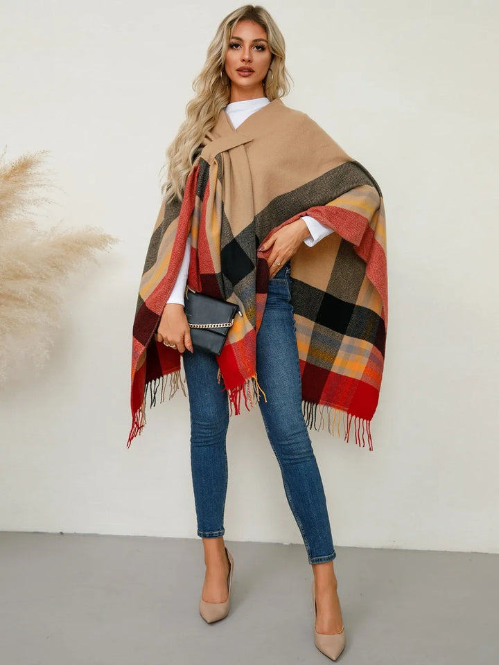 Plaid fringe hem open front in sherbet, front view 2