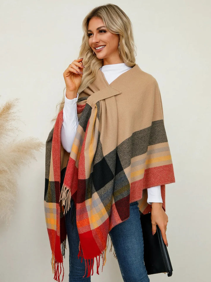 Plaid fringe hem open front in sherbet, styled on model 2