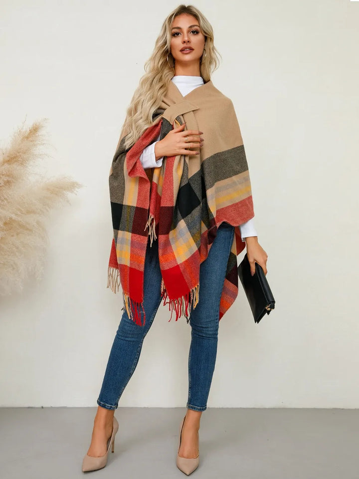 Plaid fringe hem open front in sherbet, styled on model 3