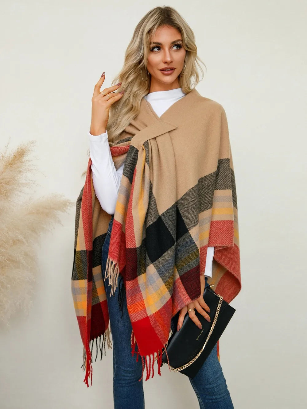 Plaid fringe hem open front in sherbet, styled on model