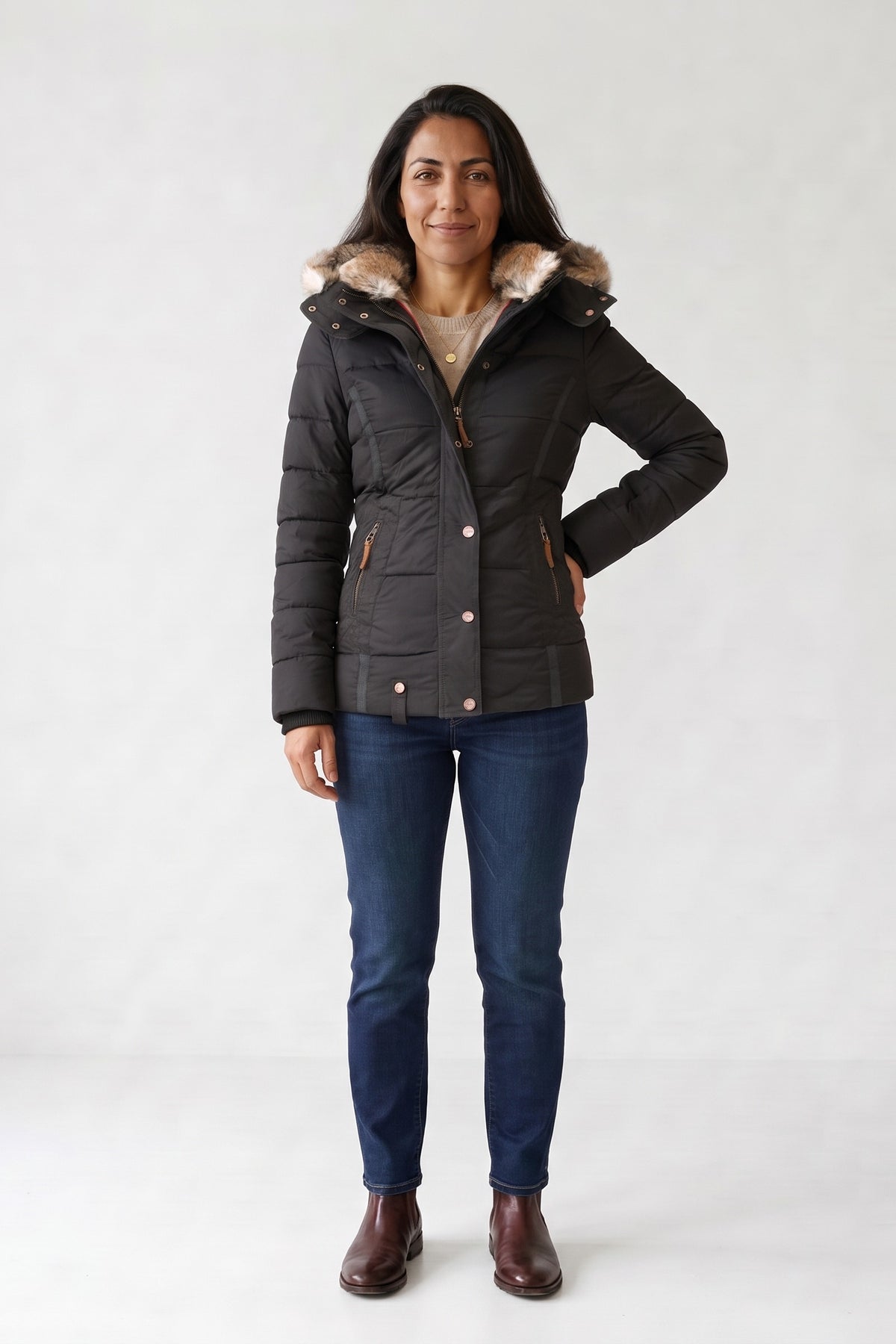Women's Puffer Jacket | Fur-Trimmed Hood — Black — front view — on model