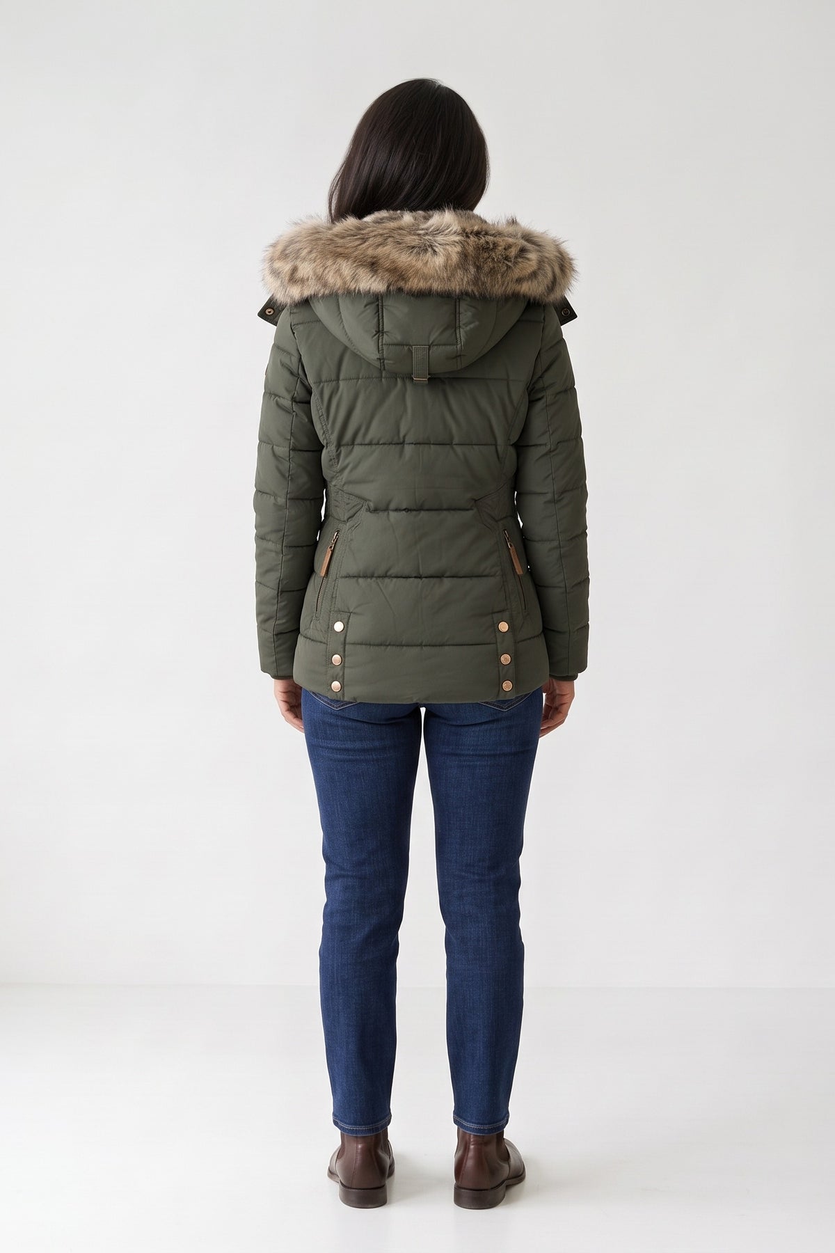 Women's Puffer Jacket | Fur-Trimmed Hood — Green — back view — on model